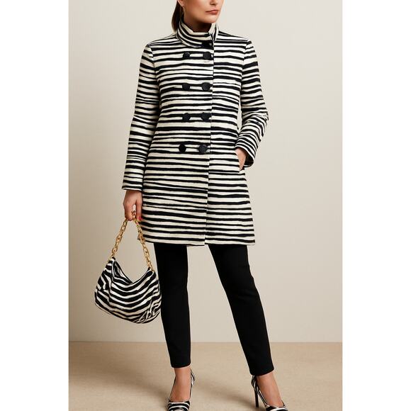 NEW Ann Taylor XL Petite $250 Black Zebra Print Peacoat Mock Neck Luxury - Picture 1 of 13